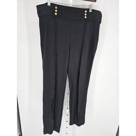 Anne Klein Womens Sz L Straight Leg Pull On Dress Pants Black Gold Buttons - Picture 1 of 4